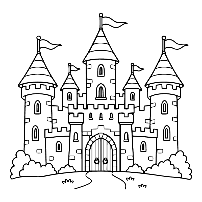 Castle colouring page for ages 6–8: a black outline drawing to print and colour