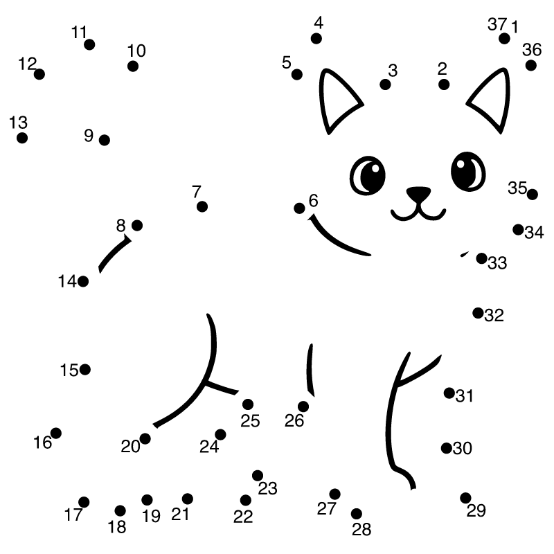 Cat dot-to-dot with numbers from 1 to 37