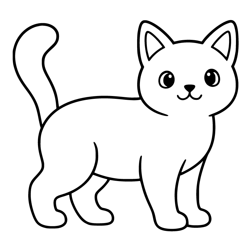 Cat colouring page for ages 3–5: a black outline drawing to print and colour