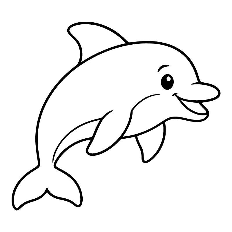 Dolphin colouring page for ages 3–5: a black outline drawing to print and colour