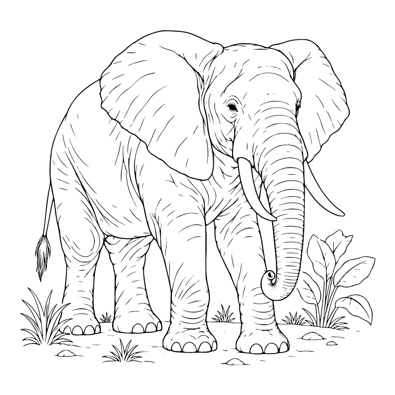 Elephant colouring page for ages 9+: a black outline drawing to print and colour