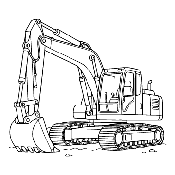 Excavator colouring page for ages 6–8: a black outline drawing to print and colour