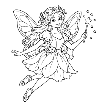 Fairy colouring page for ages 6–8: a black outline drawing to print and colour