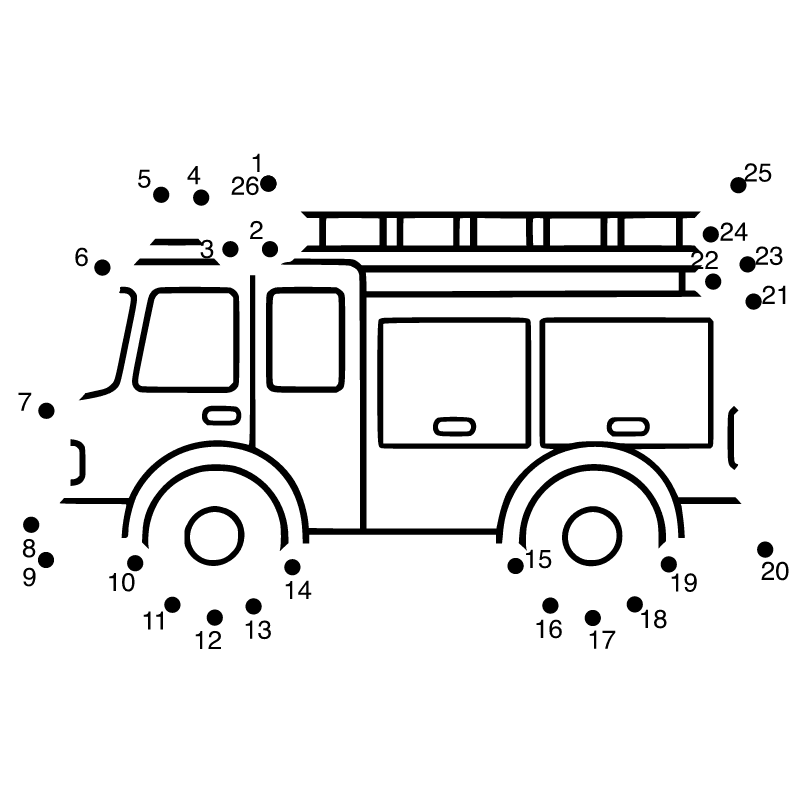 Fire engine dot-to-dot with numbers from 1 to 26