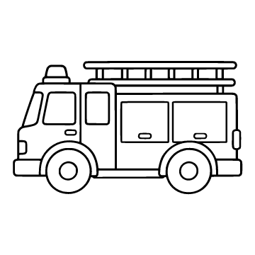 Fire engine colouring page for ages 3–5: a black outline drawing to print and colour