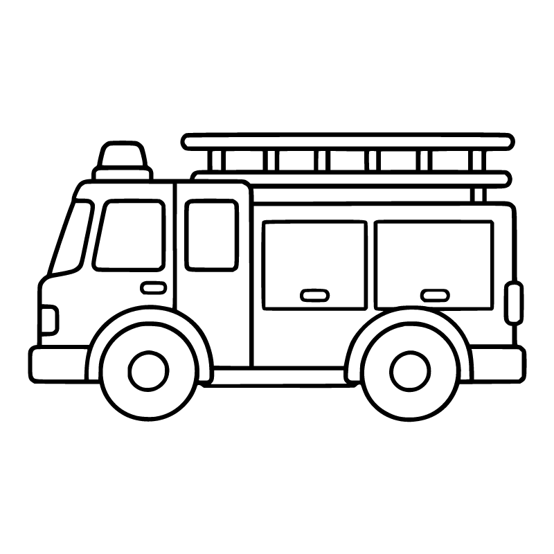 Fire engine colouring page for ages 3–5: a black outline drawing to print and colour