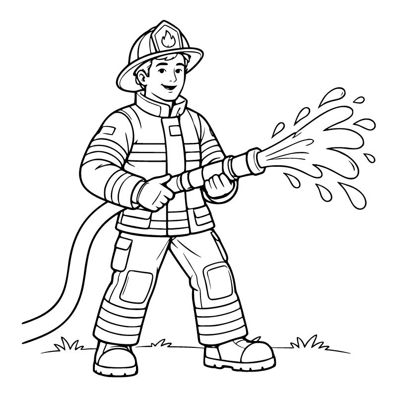 Firefighter colouring page for ages 6–8: a black outline drawing to print and colour