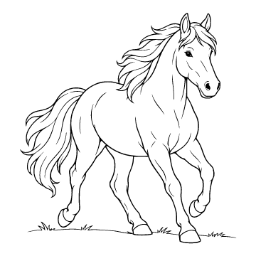 Horse colouring page for ages 6–8: a black outline drawing to print and colour
