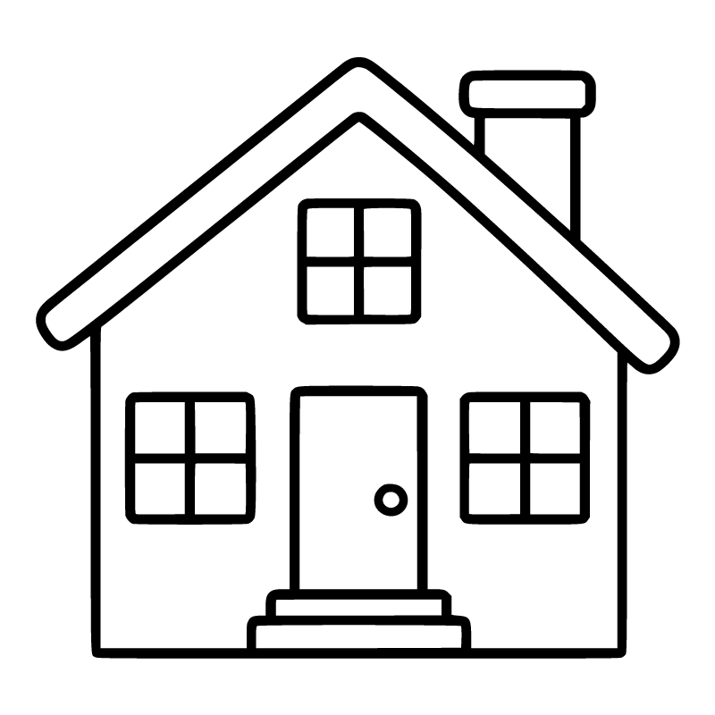 House colouring page for ages 3–5: a black outline drawing to print and colour
