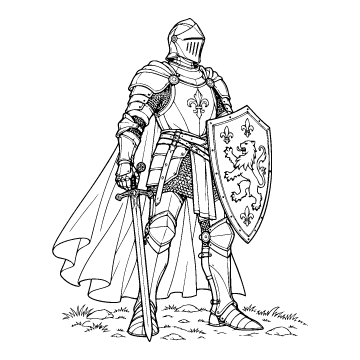 Knight colouring page for ages 9+: a black outline drawing to print and colour