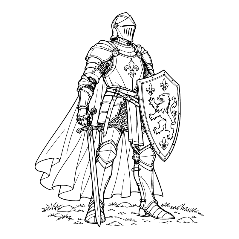 Knight colouring page for ages 9+: a black outline drawing to print and colour
