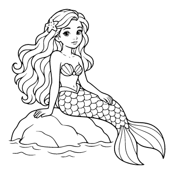 Mermaid colouring page for ages 6–8: a black outline drawing to print and colour