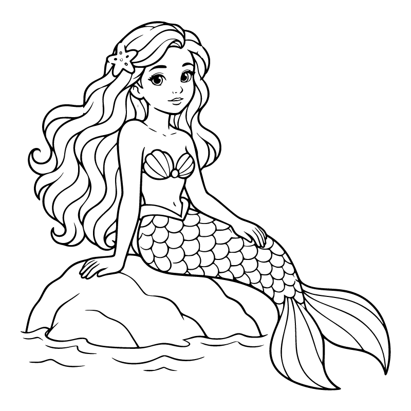 Mermaid colouring page for ages 6–8: a black outline drawing to print and colour
