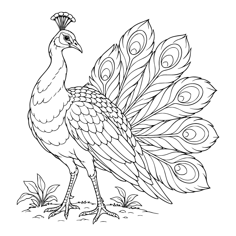 Peacock colouring page for ages 9+: a black outline drawing to print and colour
