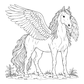 Pegasus colouring page for ages 9+: a black outline drawing to print and colour
