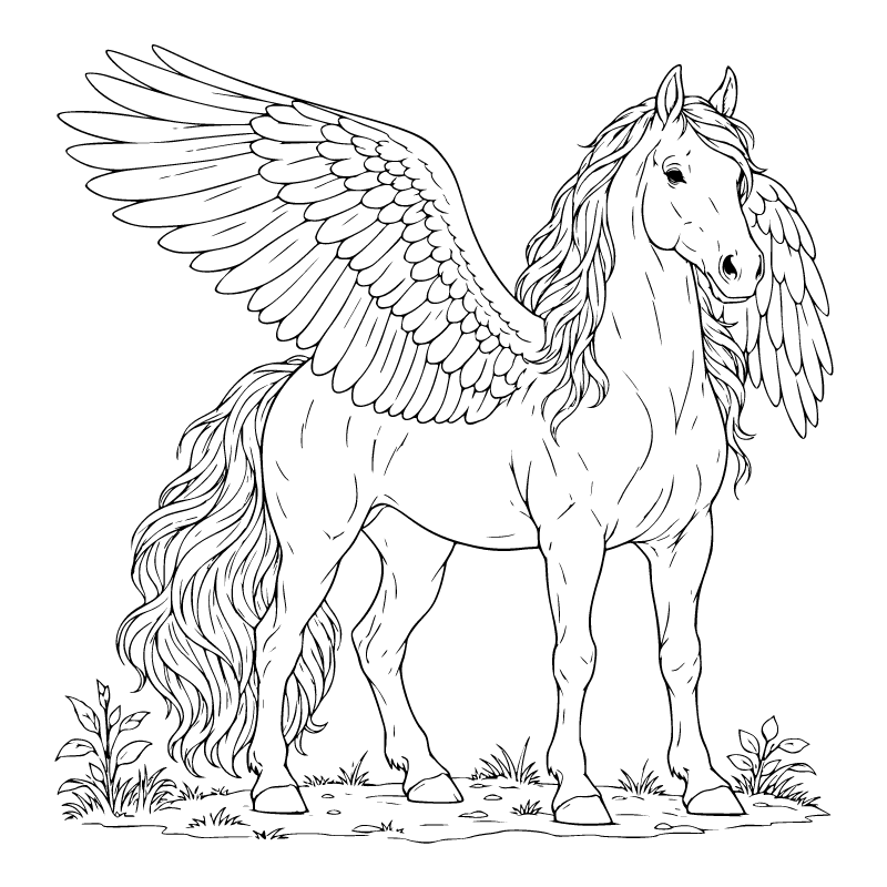 Pegasus colouring page for ages 9+: a black outline drawing to print and colour