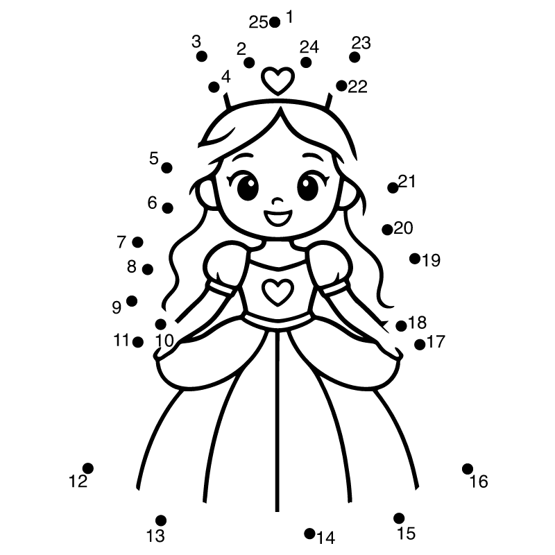 Princess dot-to-dot with numbers from 1 to 25
