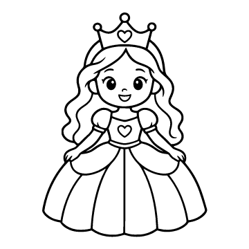 Princess colouring page for ages 3–5: a black outline drawing to print and colour