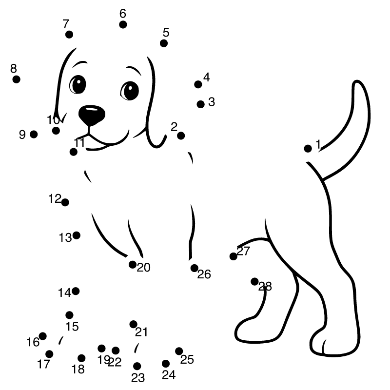 Puppy dot-to-dot with numbers from 1 to 28