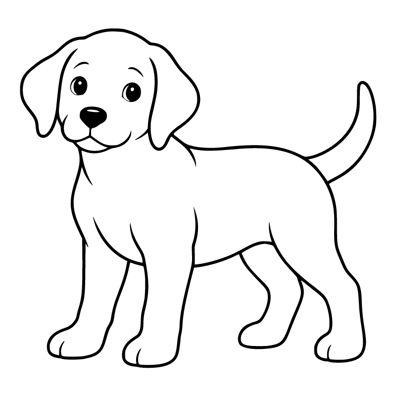 Puppy colouring page for ages 3–5: a black outline drawing to print and colour