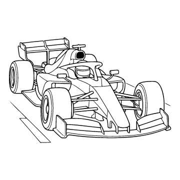 Race car colouring page for ages 6–8: a black outline drawing to print and colour