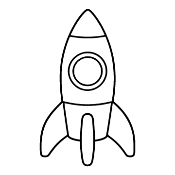 Rocket colouring page for ages 3–5: a black outline drawing to print and colour