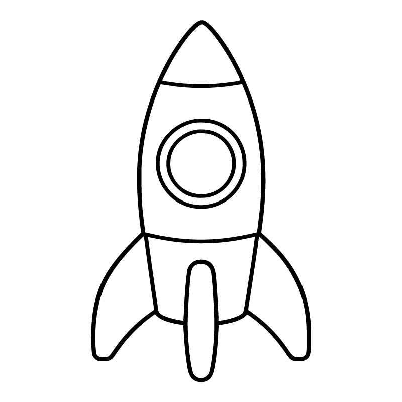 Rocket colouring page for ages 3–5: a black outline drawing to print and colour