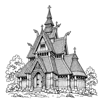 Stave church colouring page for ages 9+: a black outline drawing to print and colour