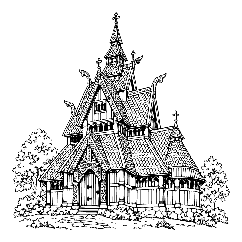 Stave church colouring page for ages 9+: a black outline drawing to print and colour