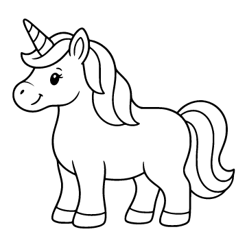 Unicorn colouring page for ages 3–5: a black outline drawing to print and colour