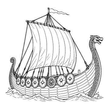Viking ship colouring page for ages 9+: a black outline drawing to print and colour