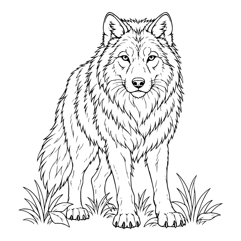Wolf colouring page for ages 9+: a black outline drawing to print and colour